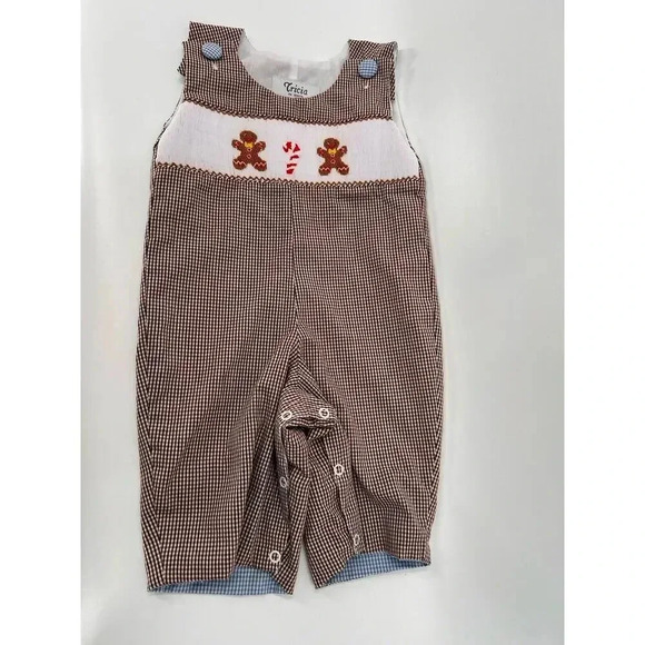 Tricia Holiday Smocked Gingerbread Men Candy Cane Overalls Brown Gingham 3 Month - Picture 1 of 13